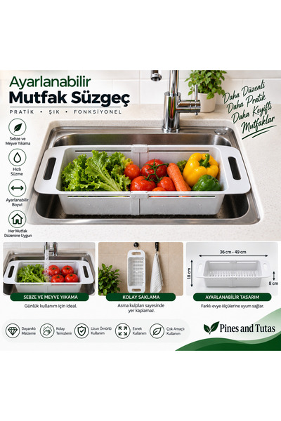 Ayarlanabilir Mutfak Süzgeci Lavabo Üstü Sebze Meyve Yıkama ve Süzme Aparatı Organizer