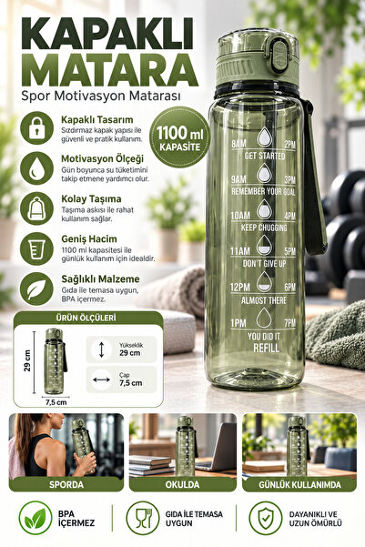 BYTA 1100 ml Motivasyonel Sporcu Matarası Dayanıklı Gövde