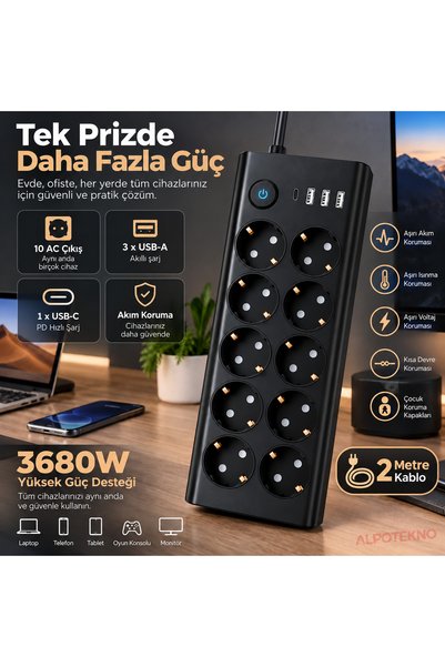 alpotekno 10'lu Akım Korumalı Çoklu Priz 3680W 16A 2 Metre Kablo 3 USB-A + 1 ...