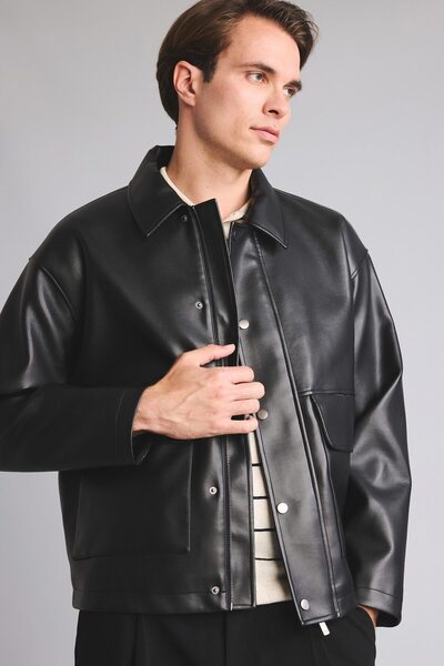 DeFacto Regular Fit Polo Collar Faux Leather Coat with Snap Pockets H2826Ax26Au