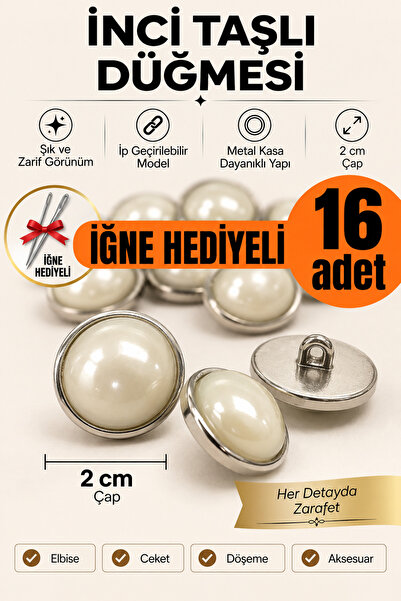 Minderra 16 Adet - İğne Hediyeli İpli - İnci Taşlı 20 mm Koltuk Minder Yastık...