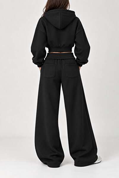 Sun Victoria Black 3-Thread Ribbed Curved Waist Oversize Sweatpants