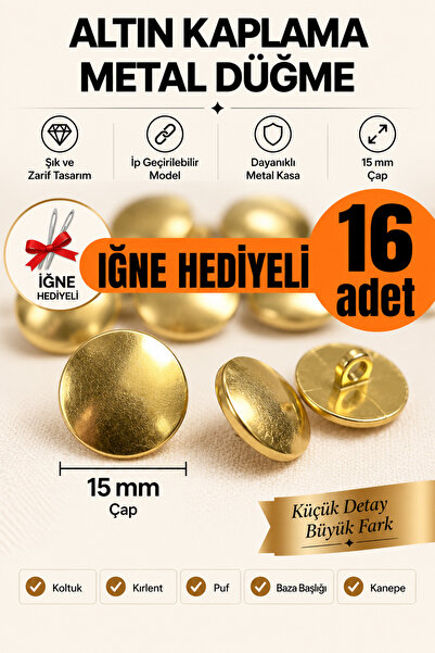 Minderra 16 Adet - İğne Hediyeli İpli - Altın Kaplama Metal 15 mm Koltuk Mind...