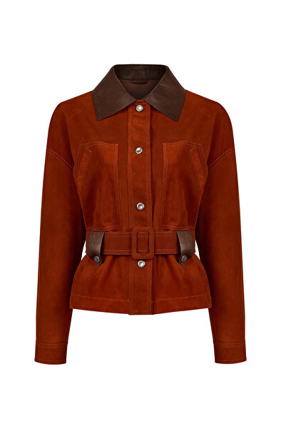 Derimod Capri Women's Cinnamon Shirt Collar Short Suede Leather Jacket 26Wgd5...