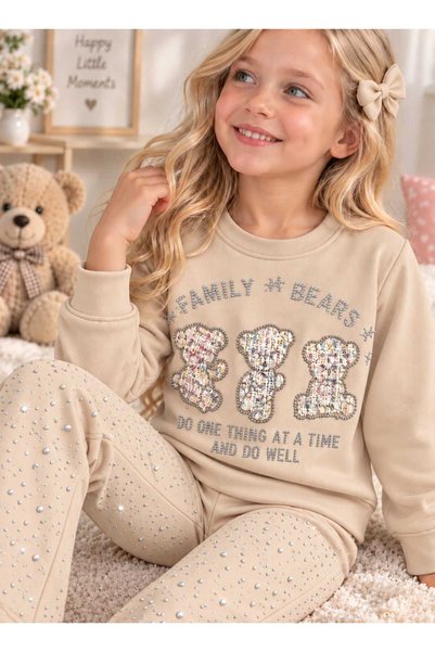 krm kerem bebe Noul sezon, set din 2 piese pentru fete, potrivit pentru grădiniță și creșă, cu hanorac imprimat cu ursuleț de pluș și pantaloni strălucitori cu picior larg.
