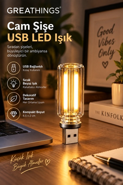 Greathings 6,5 x 2 cm USB LED Cam Şişe Işığı Sıcak Işık Dekoratif Masaüstü Am...