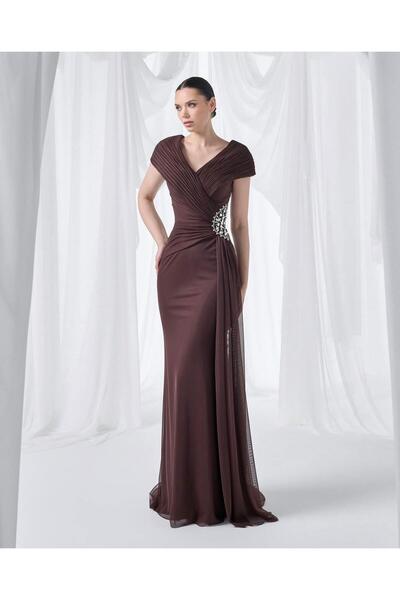 So Lady Beli Taş Detaylı Madonna Yaka Abiye Elbise-4027