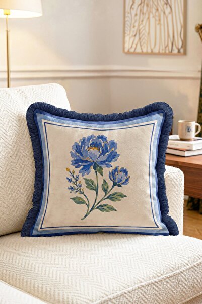 IdeCraft Blue Peony Flower Patterned Framed Fringed Decorative Throw Pillow C...