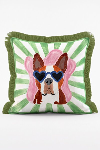IdeCraft Love Pup Kalp Gözlüklü Köpek Desenli Saçaklı Dekoratif Kırlent Kılıfı