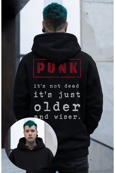 Fuddy Moda Hanorac unisex cu glugă și imprimeu pe spate „Punk nu este mort”, ...