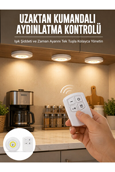 E BULURUM Spot Lamba Led Işık 3'lü Uzaktan Kumandalı Pilli Yapışkanlı Kablosu...