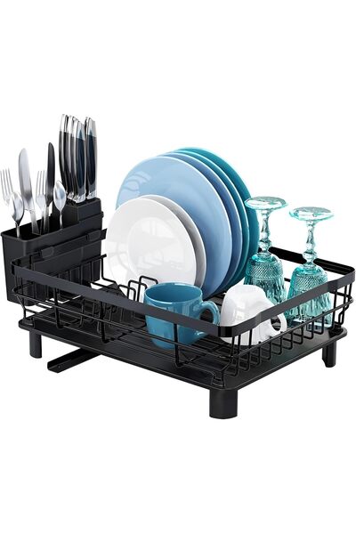 sharpdo Dish Drying Rack - Stainless Steel Dish Rack for Kitchen Counter, Large-Capacity Dish Drainer with Cutlery Holder, Kitchen Organizer for Dishes, Spoons and Forks, Black