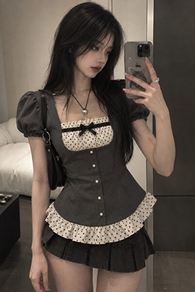 None Wear Antrasit Coquette Köprü Detaylı Fırfırlı Dantelli Y2K Kısa Kollu Crop