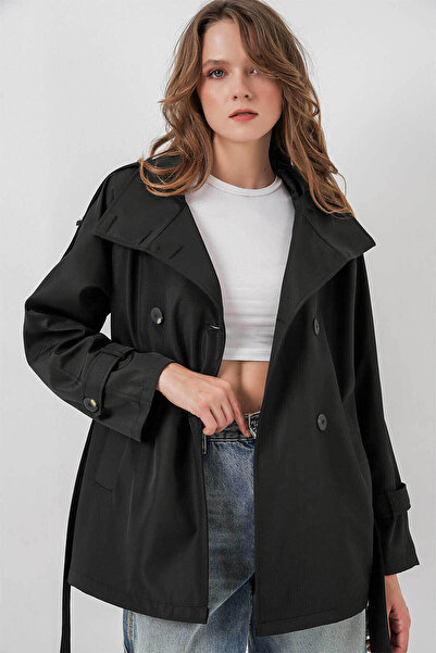 Bigdart Double-Breasted Collar Short Black Women's Trench Coat 5980