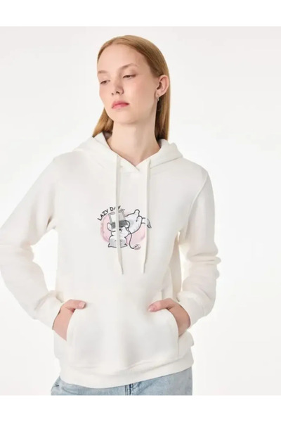Koton Three-Threaded Long Sleeve Kangaroo Pocket Cat Printed Hooded Sweatshirt