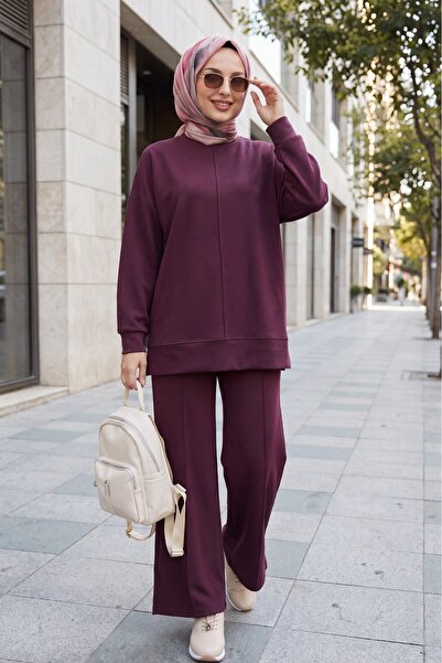 Modamorfo Pantsuit with Side Slits and Grass-Patterned Front - Plum