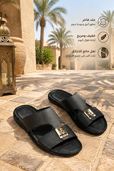 Generic Brand صنادل رجالية جلدية بحزام على شكل حرف T، مزينة بشعار حصان معدني ...