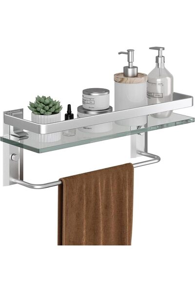 KASTWAVE Bathroom Wall Shelf with Towel Bar – Clear Tempered Glass Storage Ra...