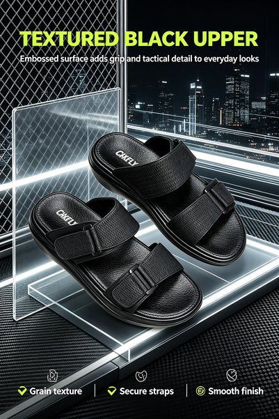 SoftSole KSA Men's Textured Leather Slide Sandals - Adjustable Dual Velcro Straps & Thick Sole
