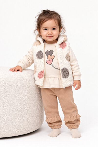 LİLİYUM Baby Girl 3-Piece Heart Set with Plush Vest, Heart Patterned Sweatshi...