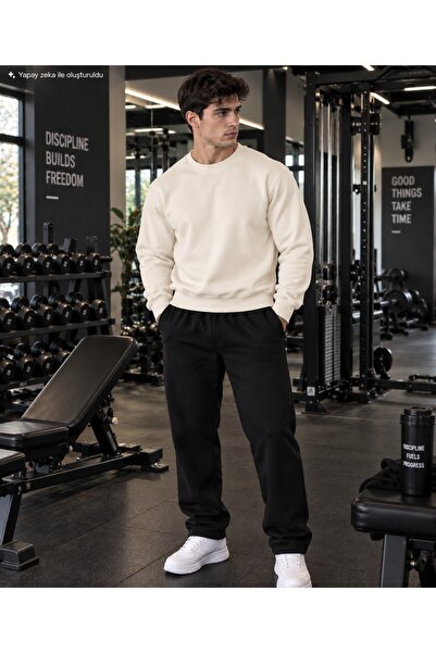 caddekombin Men's Sweatshirt Patternless Crew Neck Cotton Sports Knitted Top