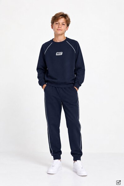 CansınMini Navy Blue Boys' Striped Lettered Crew Neck Sweatshirt Set 24840