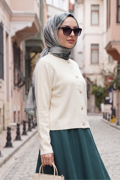 Modamorfo Buttoned Round Neck Knitwear Cardigan -Cream