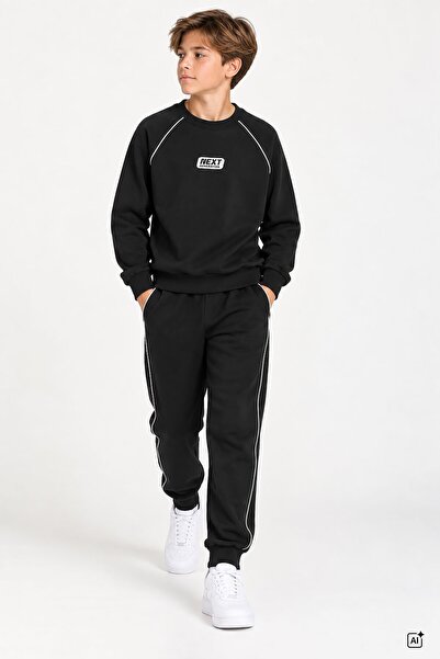 CansınMini Black Boys' Striped Lettered Crew Neck Sweatshirt Set 24838