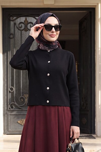 Modamorfo Buttoned Round Neck Knitwear Cardigan - Black