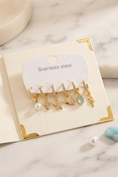 ARMÜZ 316L Steel Gold Color Fish and Sea Concept Earring Set