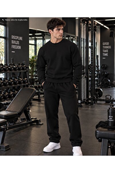 caddekombin Erkek Sweatshirt Desensiz Bisiklet Yaka Pamuklu Spor Örme Üst