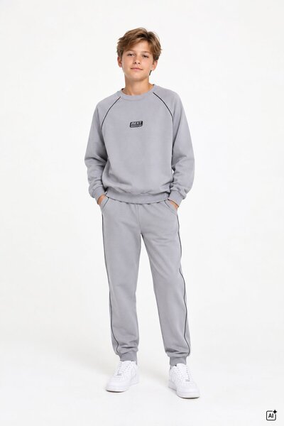 CansınMini Gray Boys' Striped Lettered Crew Neck Tracksuit Set 24839