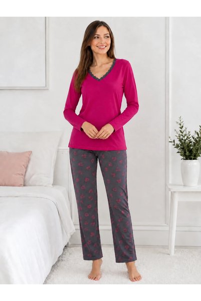 TOSKI Pijama de Damă cu Mânecă Lungă – Bluză Fucsia cu Dantelă și Pantaloni G...