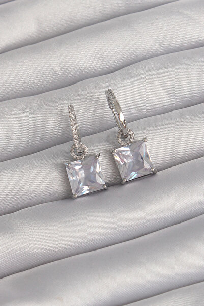 ARMÜZ Brass Silver Color Square Zircon Stone Hoop Earrings