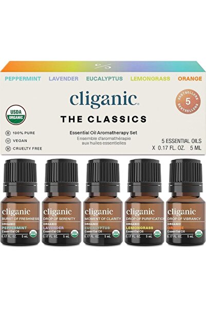 Cliganic مجموعة زيوت عطرية عضوية (أفضل 5) - نقية 100% وطبيعية - للعلاج بالروا...