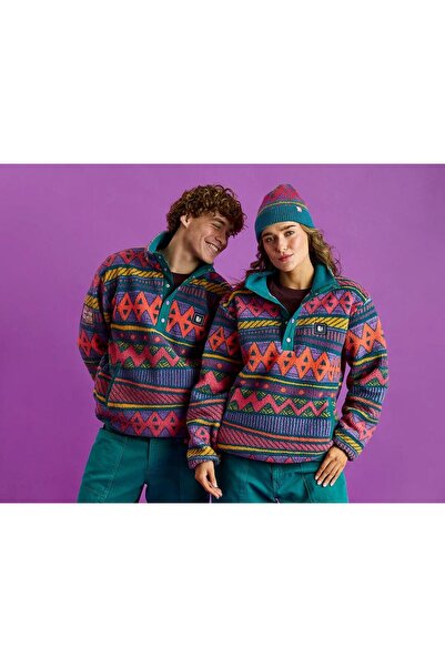 LAVİNİA harper&lewis İthal Charlie Retro Pattern Popper Neck Sherpa Fleece Kı...