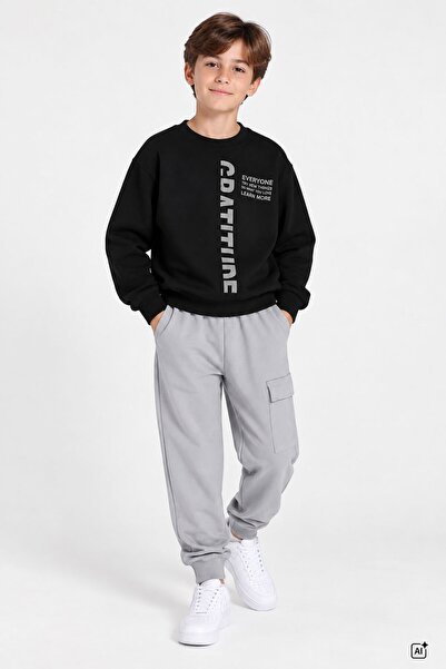 CansınMini Gray Boy's Text Printed Cargo Pocket Tracksuit Set 24848