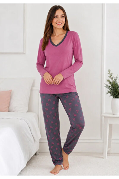 TOSKI Pijama de Damă cu Mânecă Lungă – Bluză Roz Prună/Lila cu Dantelă și Pan...