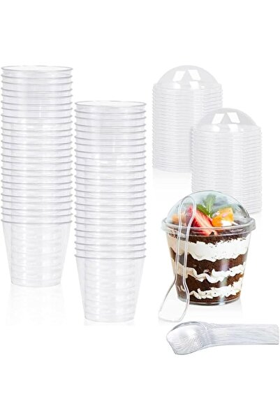GENERAL Round Dessert Bowls with Spoons and lid, 50 Pack x 7oz/210ml Clear Pl...