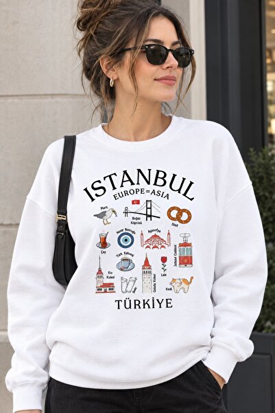 AEMİ Unisex Λευκό Φούτερ Istanbul Crew Neck