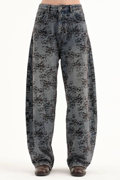 tw3 Γυναικείο τζιν με floral print, βελούδινη εμφάνιση εσωτερικά, σχέδιο με μ...