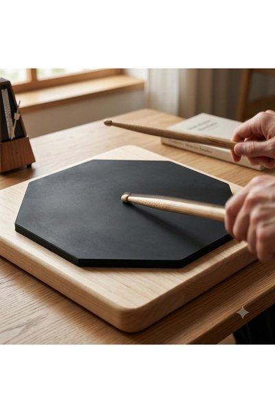 My Yonca Pad de antrenament pentru tobe în cutie - Pad octogonal pentru tobe cu bază din lemn de 24 cm, Pad de practică pentru tobe din cauciuc negru silențios