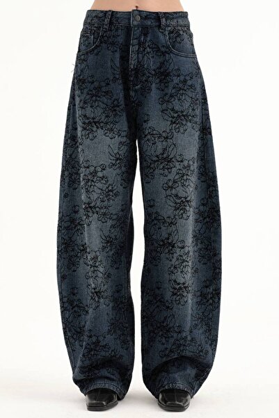 tw3 Kadın Çiçek Desenli, İçi Kadife Görünümlü, Balon Fit Tasarım Jean