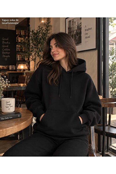 caddekombin Women's Hooded Sweatshirt - Oversized Plain Patternless Two-Stran...