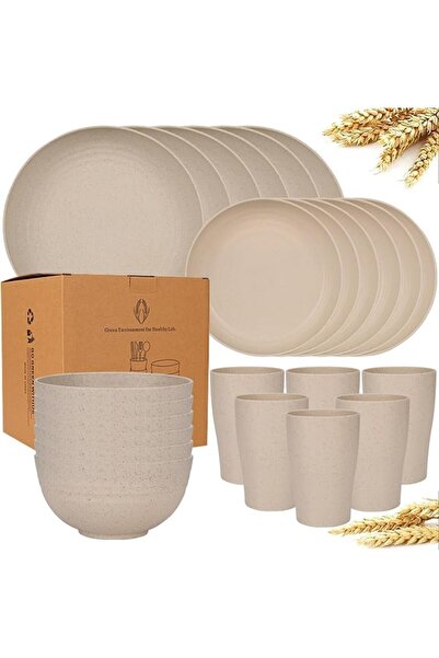 Yelajoy 24pcs Wheat Straw Dinnerware Set,Beige Wheat Straw Plate,Plastic Plat...