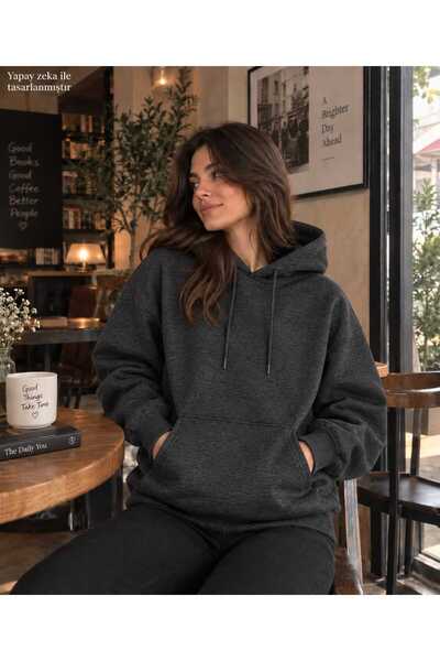 caddekombin Women's Hooded Sweatshirt - Oversized Plain Patternless Two-Stran...