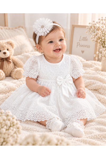 LOOFI Lace Pearl Dress for Newborns 100% Cotton - Color: White