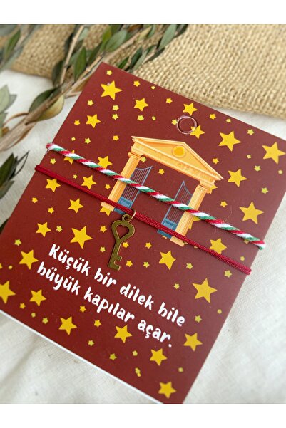 Atölye Merdiven Pirinç Anahtar Figürlü Bordo Dilek - Şans Bilekliği 2li Set Yılbaşı Doğum günü Kartı