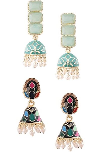 ZAVERI PEARLS مجموعة من 2 أقراط جومكي تقليدية متعددة الألوان مرصعة بالمينا وا...