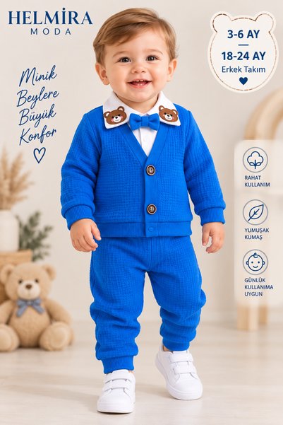HELMİRA Baby Blue Bow Tie and Pocketed Belted Teddy Bear Cardigan-Shirt Detai...